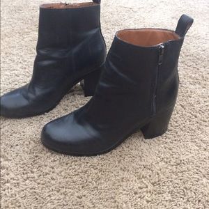 Black leather booties with chunky with 2.5" heel.